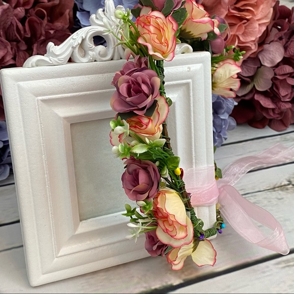 Bohemian Pink & Purple Rose Crown Hair Wreath - Picture 5 of 12
